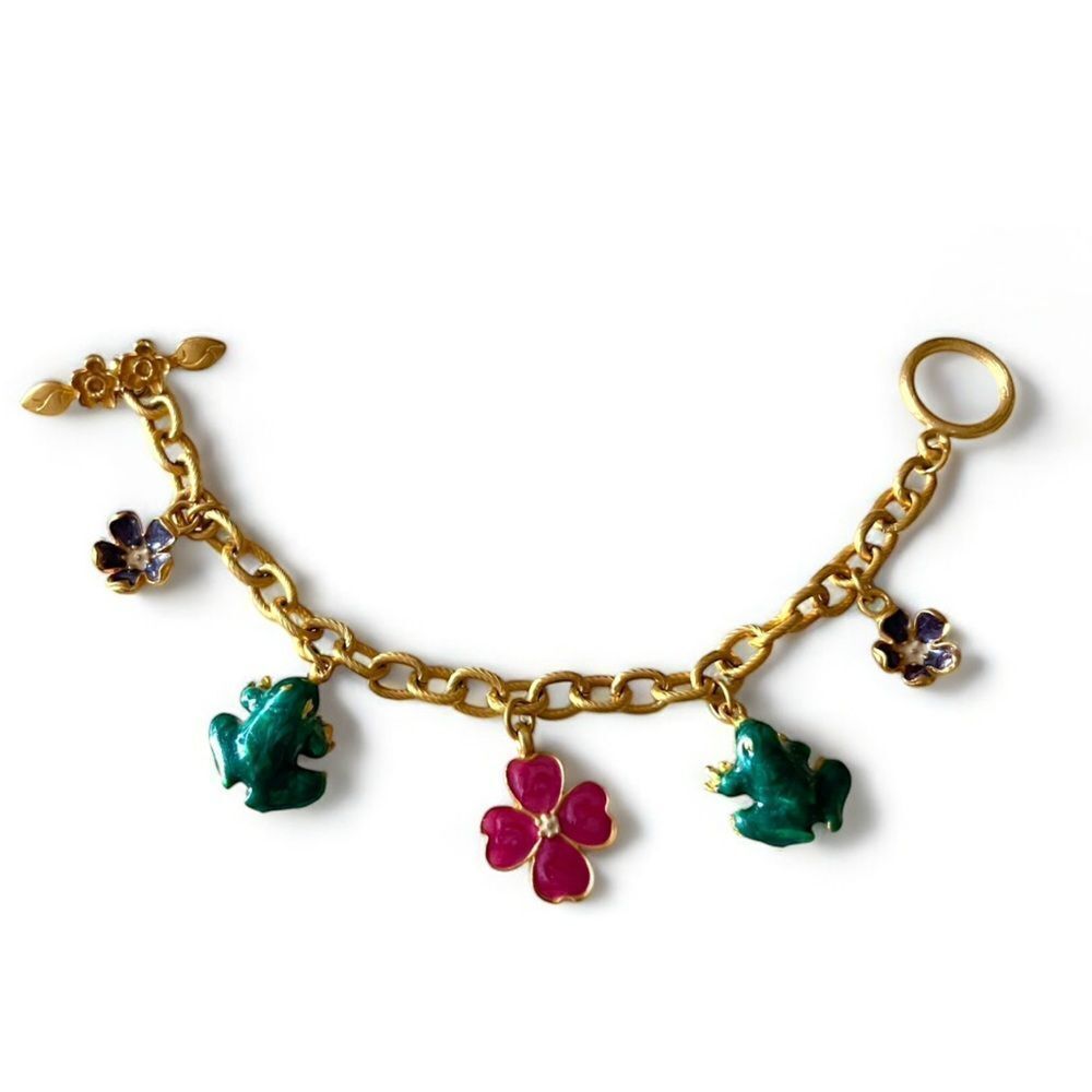 Matte Gold Enamel Flowers Frogs Charm Bracelet - Picture 7 of 7